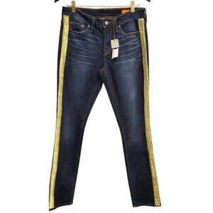 Revolve Jean Shop | Lana Glitter Gold Stripe Side Skinny Jeans Dark Wash